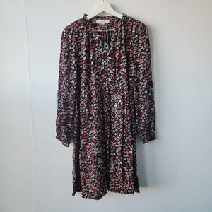 Loft women's Heart print Tie Neck Swing Dress size M long sleeve mini